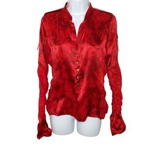 Red Silk Lace Long Sleeve Blouse Sz M V Neck Lace Ruched Sides Snap Front